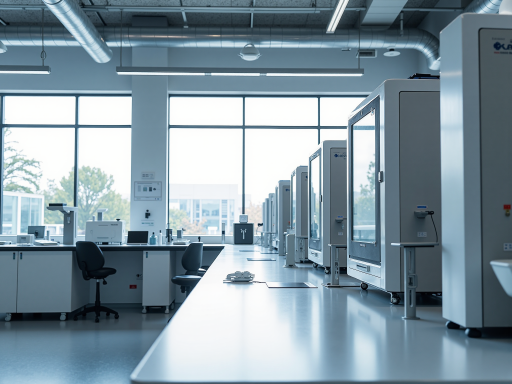 现代化实验室内部，科研人员正在操作精密仪器设备，蓝色背景，明亮自然光